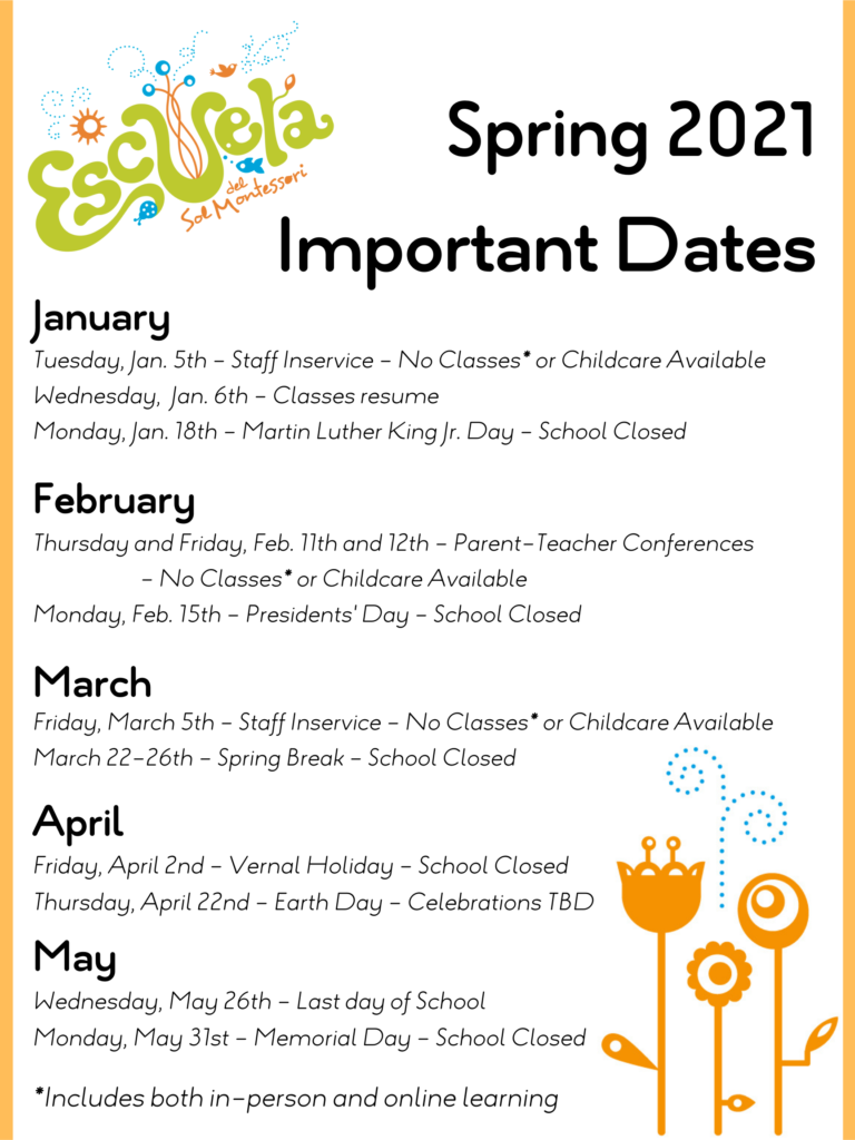Mark Your Calendar! • Escuela del Sol Montessori